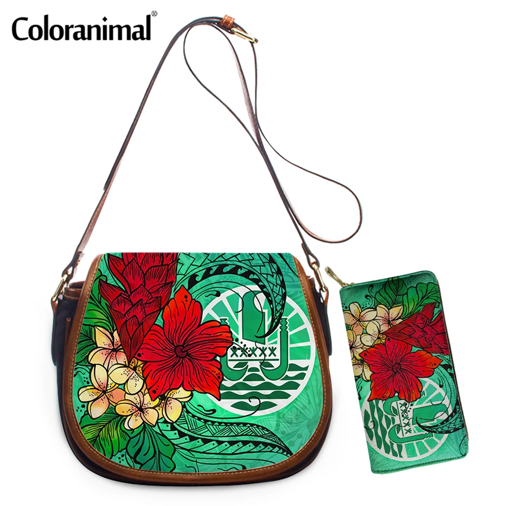 Coloranimal Tribal Tahiti Tropical Flowers Style Ladeis Shoulder Bag 2Pcs/Set PU Leather Crossbody Bag&ampWallet Casual Women Bolsa | Багаж и