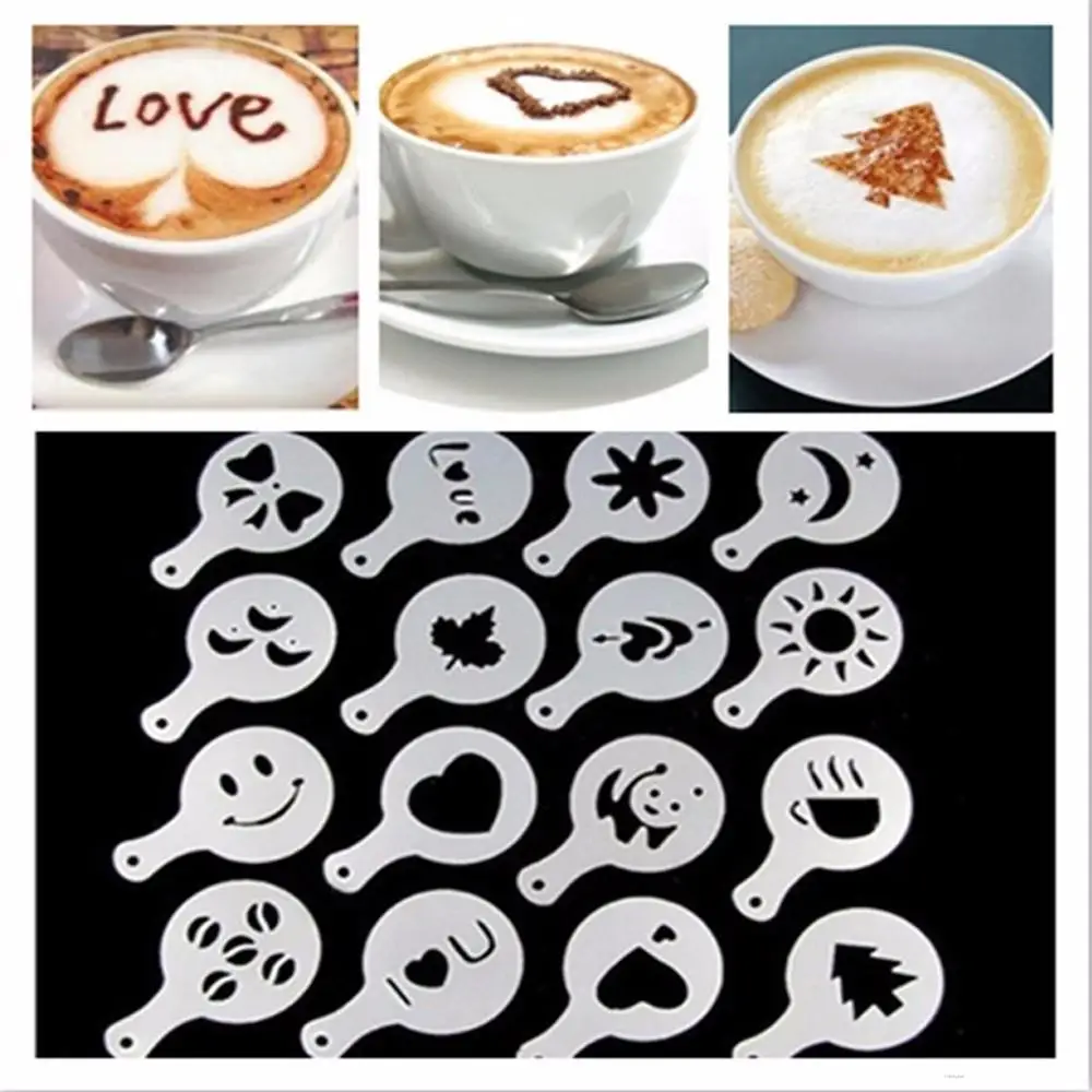

16Pcs New Coffee Services Coffee Barista Cappuccino Template Sprinkle Pad Coffee Milk Cake Cupcake Stencil Template Spray Tools