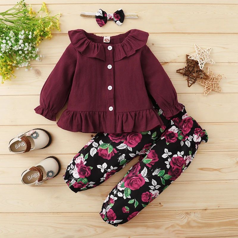 Long Sleeve Baby Girl Clothes Autumn Winter 3-piece Ruffle Shirt & Pants & Headband for Baby Girl Children's Clothing Set