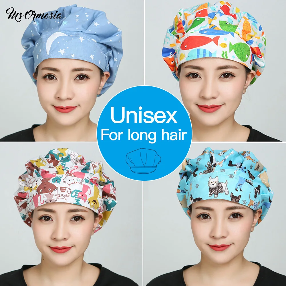 

Новая дышащая шапка из чистого хлопка с мультяшным принтом животных, регулируемая шапка для зоомагазина, спа, рабочие шапки для салона крас...