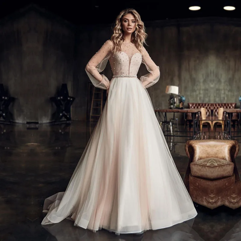 

Eightale Long Sleeve Wedding Dress O-Neck A-Line Beaded with Pearls Custom Made Light Champgne Wedding Gowns Bride Dress
