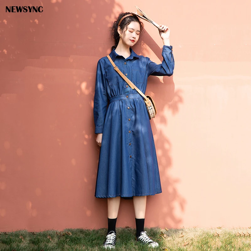 NEWSYNC Denim Dress Summer Spring Plus Over Size 2020 New Office lady Blue color Collect Waist Long Sleeve Female Party | Женская одежда