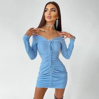 skmy black dress long sleeve 2021 autumn new women clothing sexy off the shoulder short ruched dress knitted bodycon clubwear