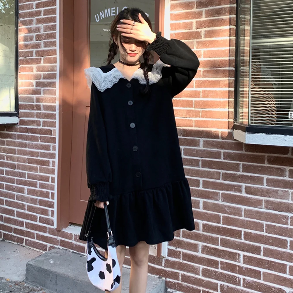 

Japan Style Women Dress Spring Autumn New Korean Fashion Lovely Loose Casual Simple Hot Sale Single-breasted Doll Collar 2021