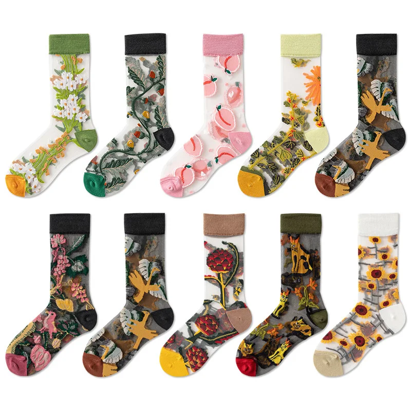 Носки женские прозрачные сетчатые Мультяшные носки в стиле Харадзюку с