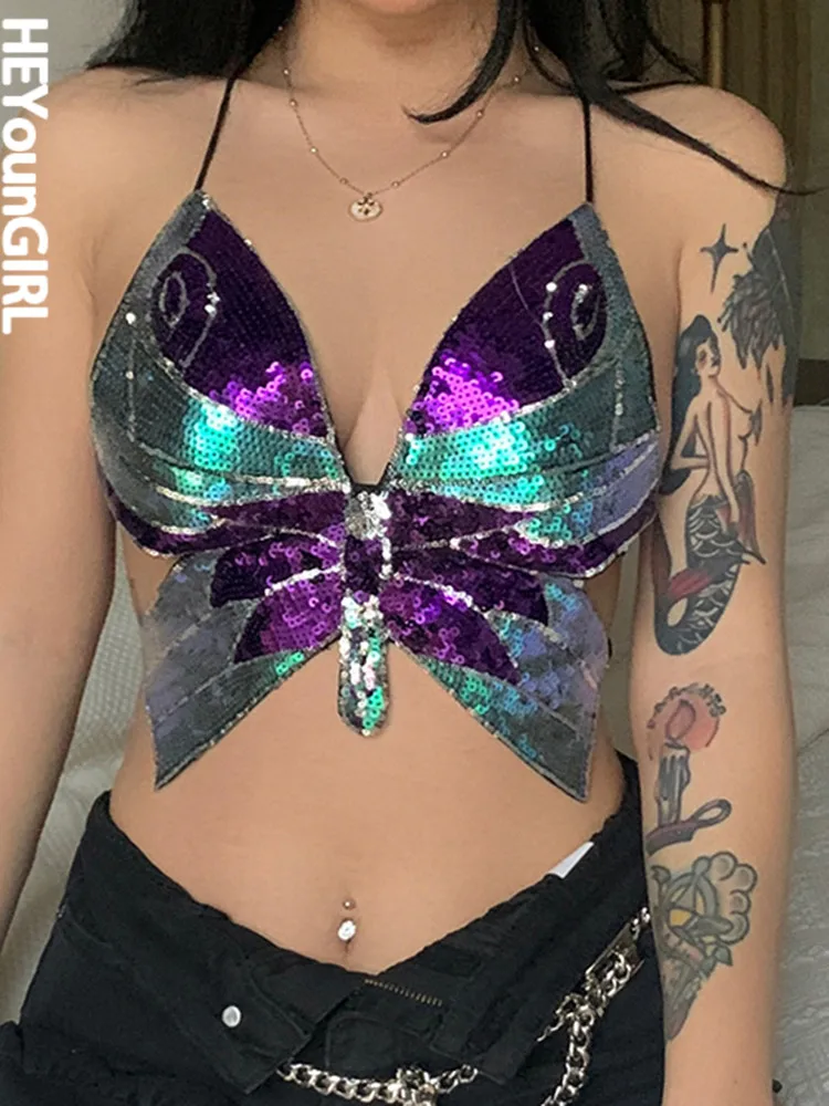 

Майка HEYounGIRL женская с открытой спиной, без рукавов, V-образным вырезом и блестками