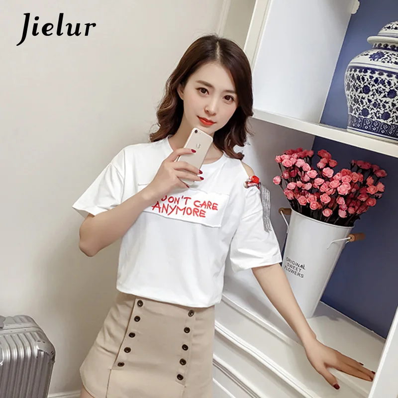 Jielur корейский шнуровка лук без рукавов Цветочные Футболки женские вышитые буквы
