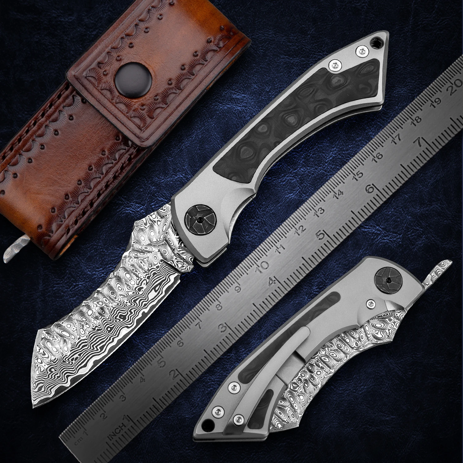 

NEWOOTZ Damascus Higonokami Folding Knife with Pocket Clip and Sheath EDC Tools for Outdoors Self Defense Climbing Men's Gift