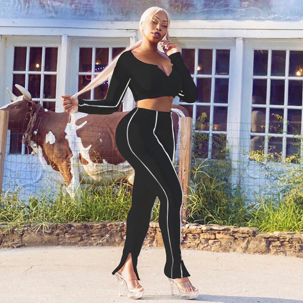 

Reflective Tracksuit Two Piece Set Women Patchwork Long Sleeve 2020 Autumn Winter Zipper Up Crop Tops And Long Pants Sport Suits