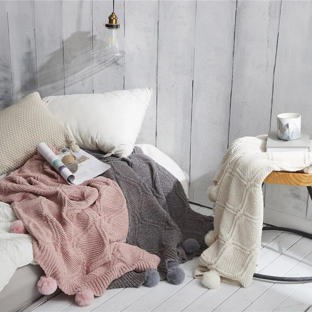 

Pom Pom Throw Blanket Knit Throw Blankets with Pompom Fringe Soft Plush Convenience practical fashion Leisure personality