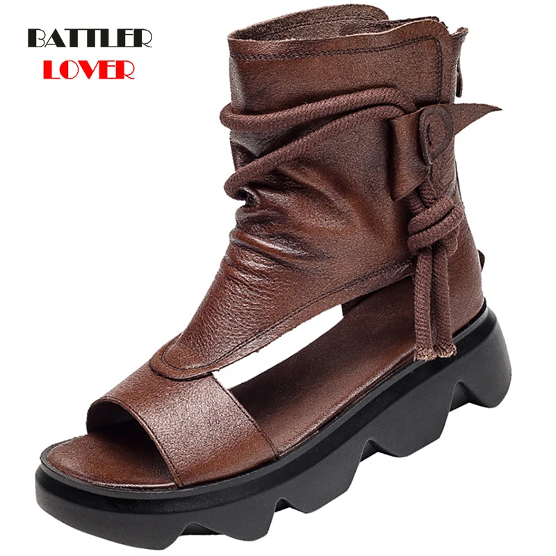 

100% Genuine Cow Leather Summer Boots For Women 2021 Casual Ankle Botas Cut-outs Sandals Female Retro Handmade Bottom Flat Shoes