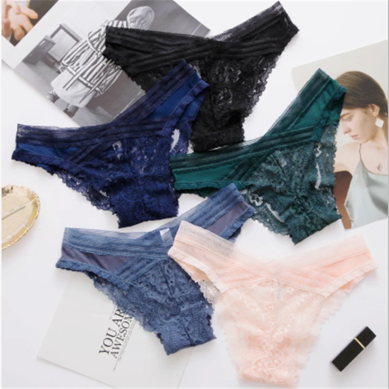 

Low-waist ultra-thin lace transparent cotton sexy ladies briefs 3PCS