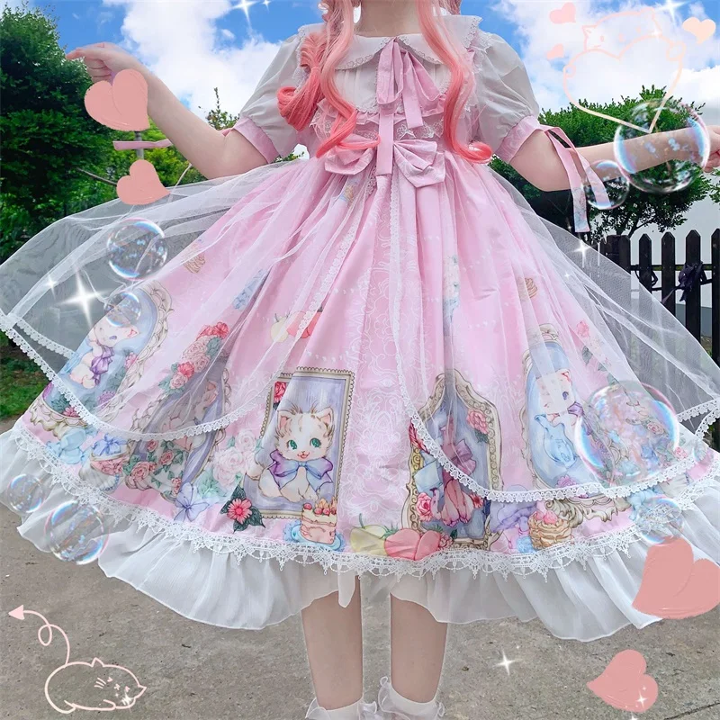 

Japanese Sweet Lolita Style Soft Girl Dress Kawaii Peter Pan Collar Cat Printing Ruffles Cute Puff Sleeve Bow Lace Gauze Dresse