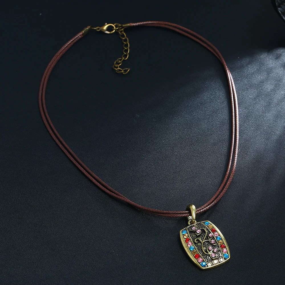 Boho Ethnic Necklace 2020 New Fashion Bohemian Vintage Geometric Square Carved Flowers Rhinestones Leather Rope Pendant | Украшения и