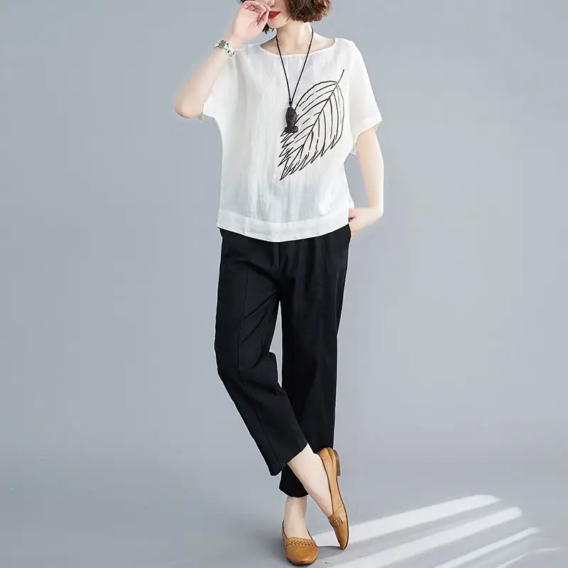 

Women 2021 Summer Fashion Two Piece Suits Female Fashion Printed T-shirt Ladies Loose Harem Pant Cotton Linen Sets R21