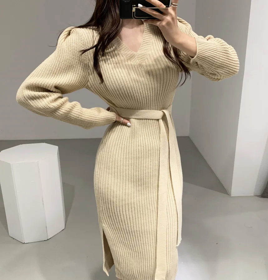 KINOMI 2020 зимнее длинное трикотажное платье с v-образным вырезом Новый пояс