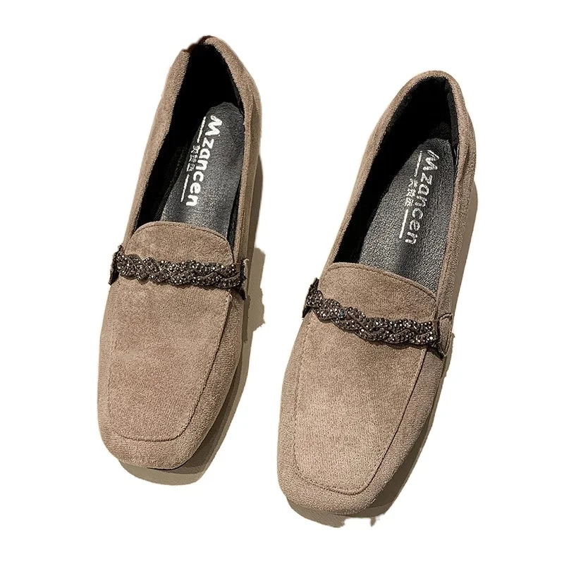 

Winter Women Loafers Low Heels Boat Shoes Square Toe Dress Shoes Chain Faux Suede Plush Warm Ladies Shoes Zapatos De Mujer