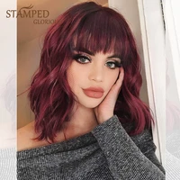 stampedglorious synthetic short bob wigs red wavy wigs with bangs for black women heat resistant natural orangepink for cosplay