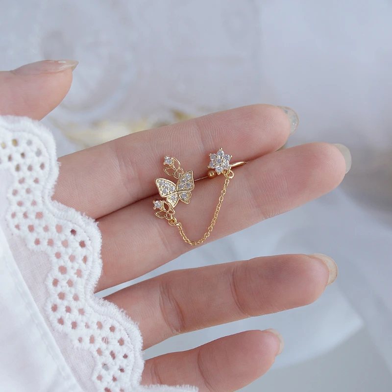 

Ins Hot Sale 14K Real Gold Butterfly Fluttering Flower Zircon Single Stud Earring for Women Cubic Zircon ZC Earrings