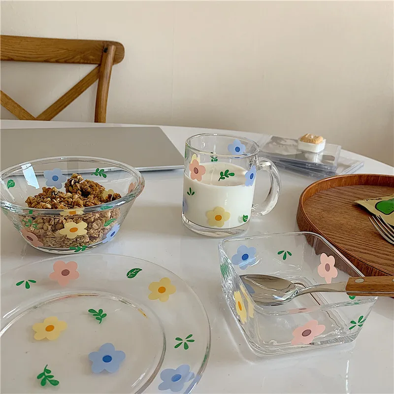 

Korean Style Fresh and Lovely Flower Glass Bowl Breakfast Cereal Salad Bowl Glass Cup Heat Resistant Flower Plate