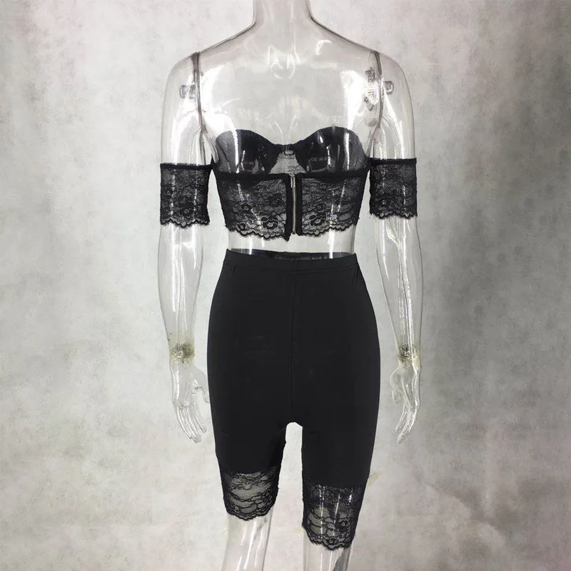 

Women Lace 2020 Summer Autumn women tracksuit 2 piece set plus size Sexy Club Split Hollow OutStrapless Mesh Female Bodycon Part