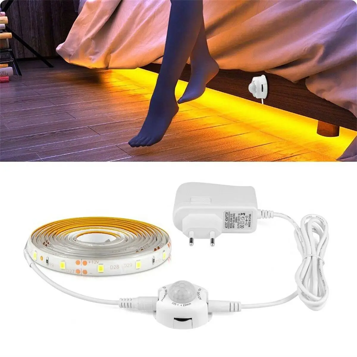 

US EU Plug Night Light 12V Waterproof 1-5M PIR Motion Sensor LED Strip Light In Under Cabinet Closet TV Back Decoration Lamp