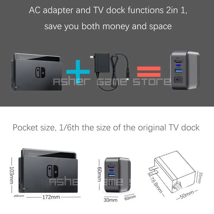 NS AC Adapter Charger TV Convert Dock 4K HD Output USB 3.0 Fast Charging for Nintendoswitch Nintendo Switch Console Accessories |