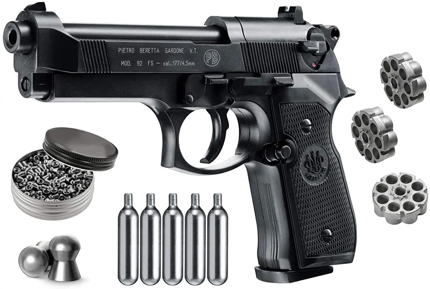 

Beretta M92FS Blowback Air Gun with 5x12 CO2 Tanks and Pack of 500ct Lead Pellets Bundle (Black+Mag+Accessories) Metal wall sign