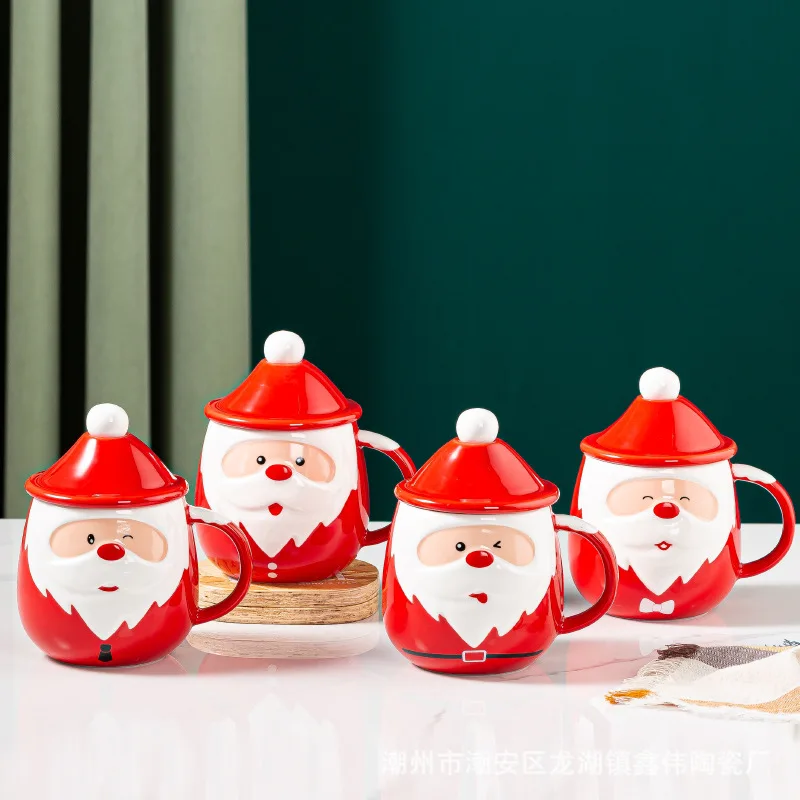 

450ml Creative Santa Claus Ceramic Mugs Coffee Cup with Lid Spoon Milk Cups New Year Christmas Decoration Christmas Present Gift