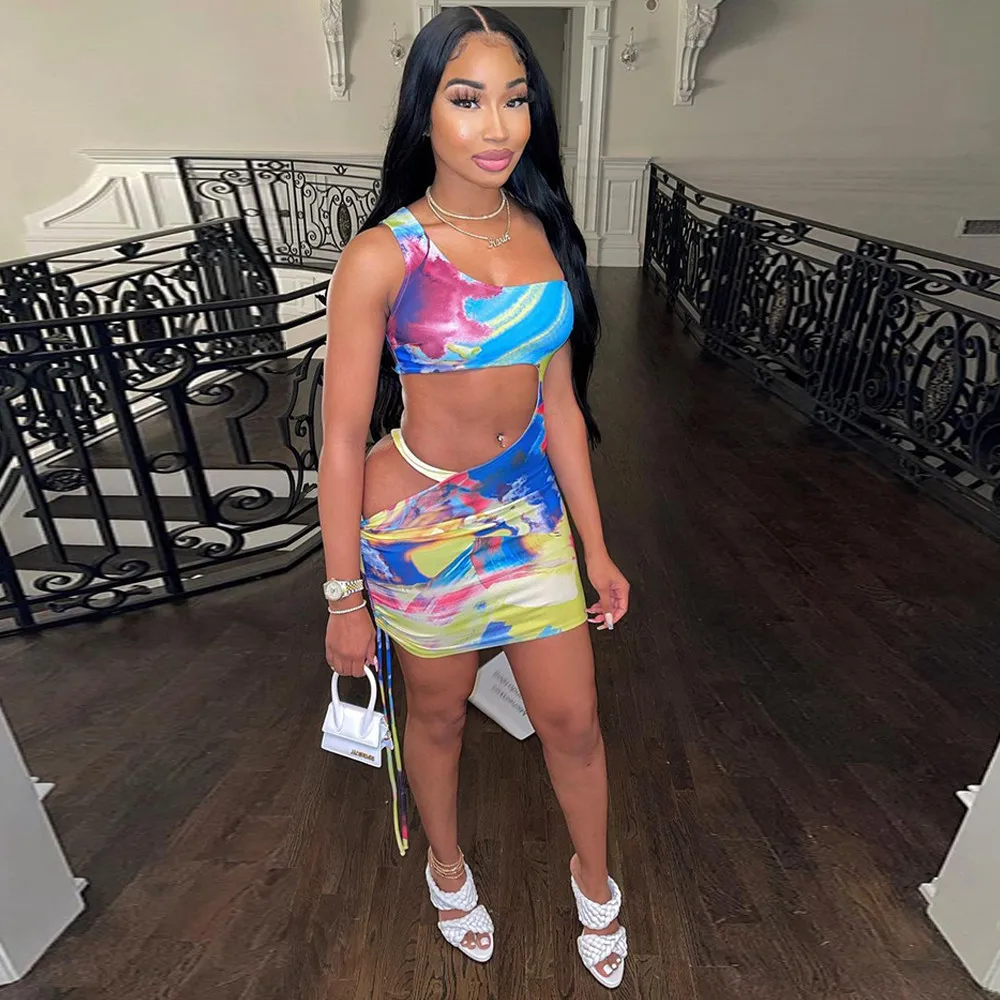 

Splash Ink Print Single Shoulder Mini Dress Women Clothing Sleeveless Side Cut Out Skinny Dresses Female Bodycon Party Vestidos