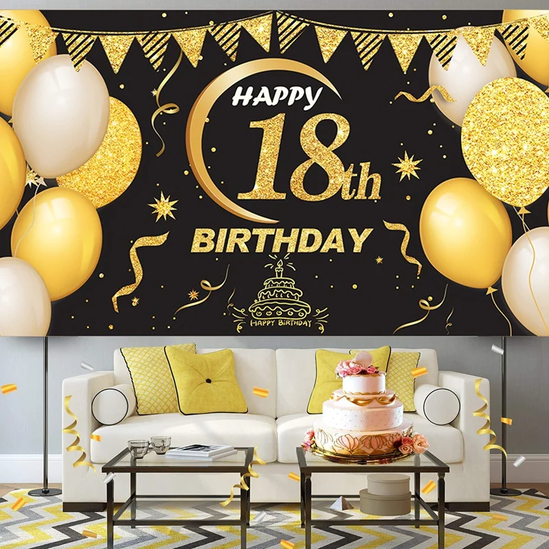 

Фон баннер 18 день рождения украшение на годовщину очень большой черный золотой постер Фотофон ткань