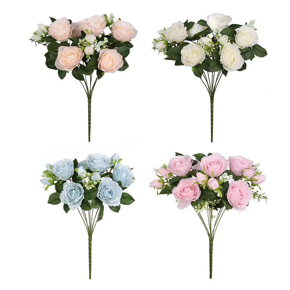 

9 Heads Artificial Flower Bouquet Plastic Fake Rose Bouquet Decorative Flower for DIY Home Wedding Table Decoration Centrepieces