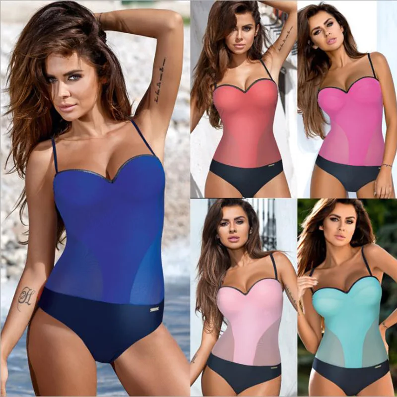 

New solid color ladies triangle piece sexy underwire gather swimwear mesh open back swimsuit