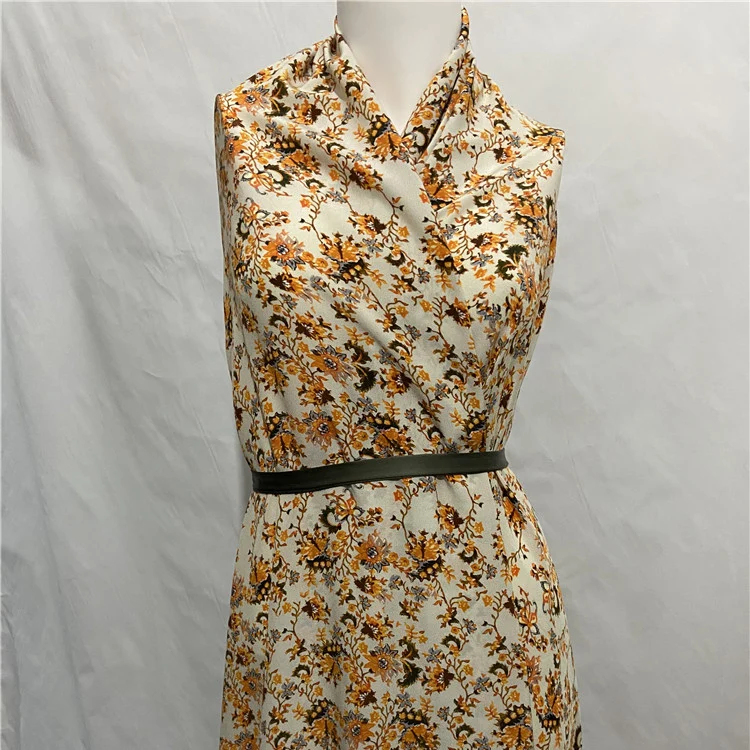 

Yellow floral print on light beige pure silk crepe de chine silk fabric 16momme,SCDC1263