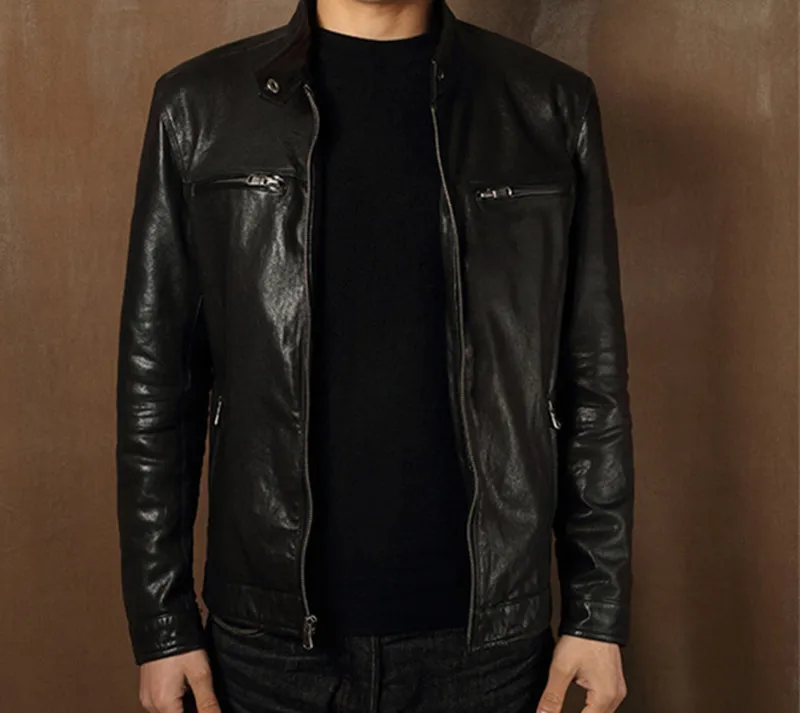 

Men Oblique Motorcycle Genuine Leather Jackets Homens Jaqueta De Couro Mens Sheepskin Coat Slim Red Jacket WXF051