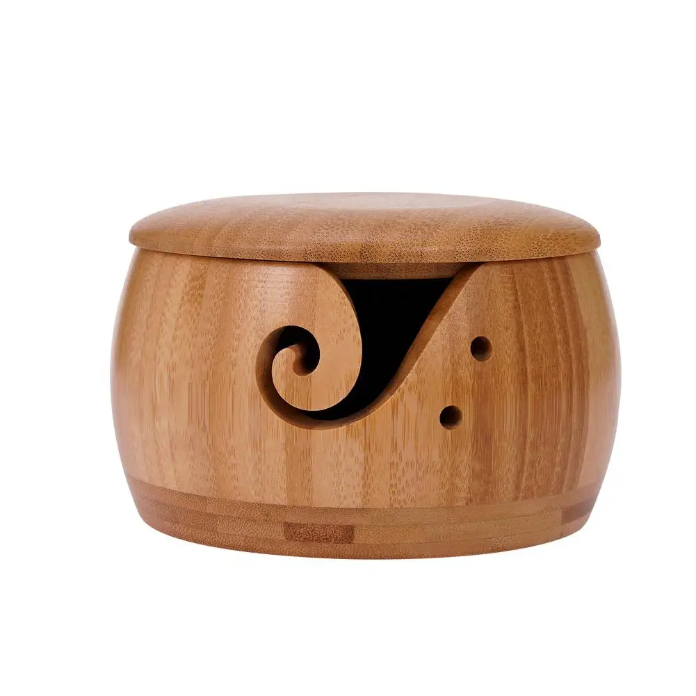 

Wooden Yarn Bowl Wool Holder Yarn Knitting Storage Round Basket With Lid & 2 Holes Handmade Craft Crochet Kit Organizer Gift For