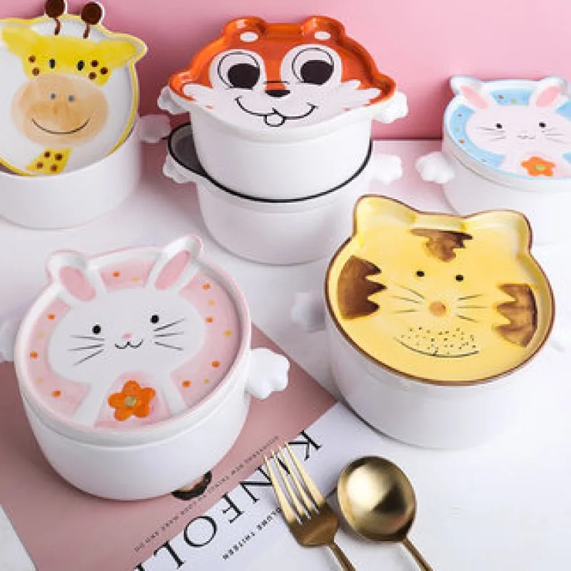 

Lovely cartoon ceramic bowl With Lid student dormitory with lunch box large soup noodle bowl household children kitchen