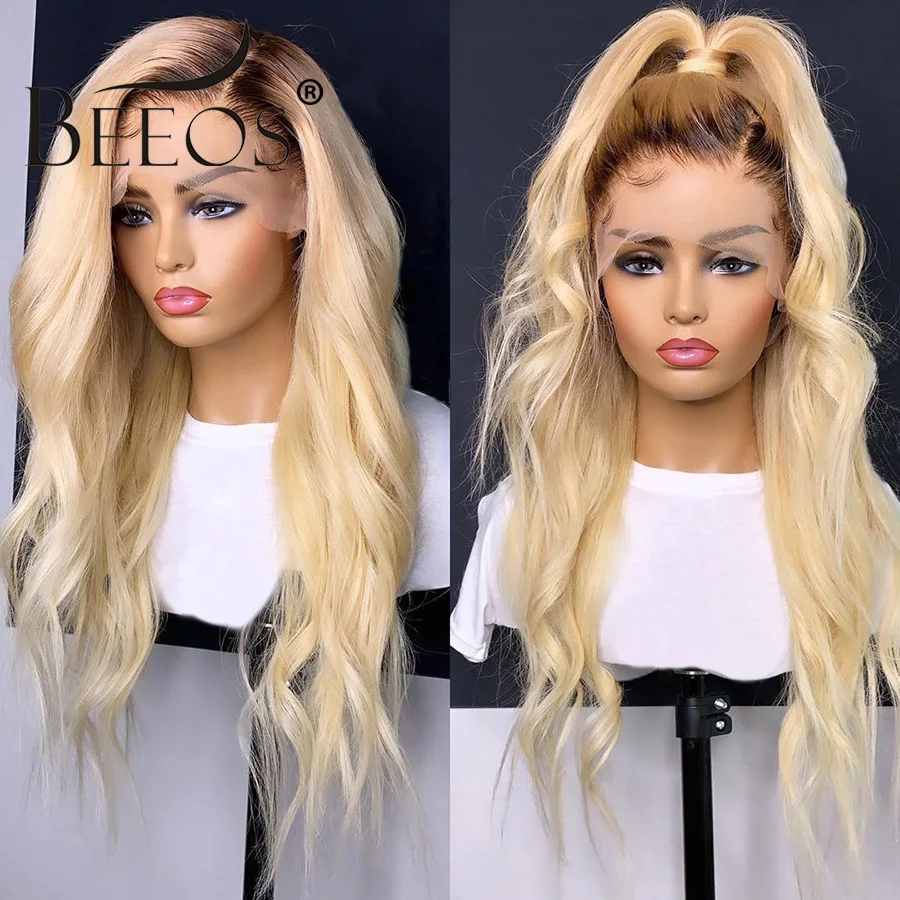 Beeos Glueless Ombre 1b 613 блонд 13*4 человеческие волосы на кружеве парики бразильские объемные волнистые парики на фронте шнурка предварительно сорванные Remy