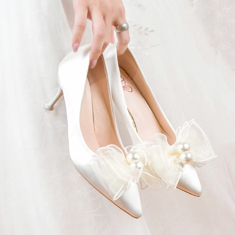 

2021new Pumps Shoes Women Summer Thin Heel Dress Genuine Leather Pointed Toe Butterfly-knot Sweet Style Wedding Elegant