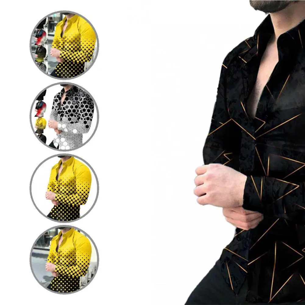 

Single-breasted Great Turn-down Collar T-shirt Streetwear Men Shirt Long Sleeve for Spring