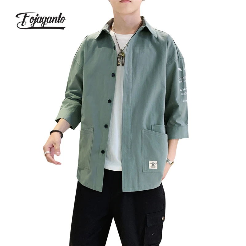 

FOJAGANTO Men's Summer New Loose Fashion Shirt Youth Three-Quarter Sleeve Shirt Casual Solid Color Cotton Shirt for Men
