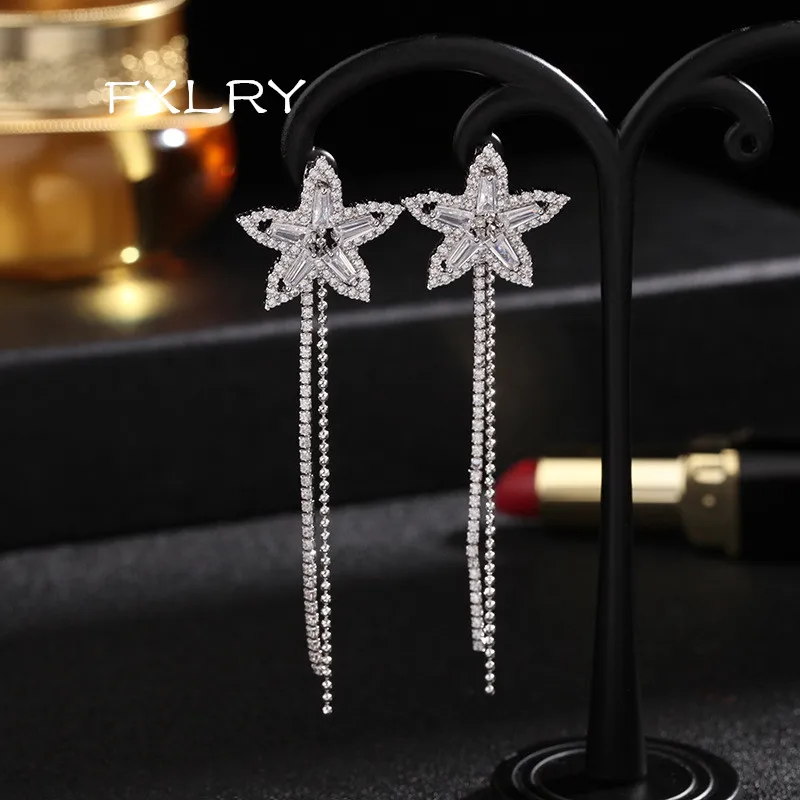 

FXLRY New fashion delicate cubic zirconia Star temperament long tassels exaggerated Drop earrings for women Jewelry