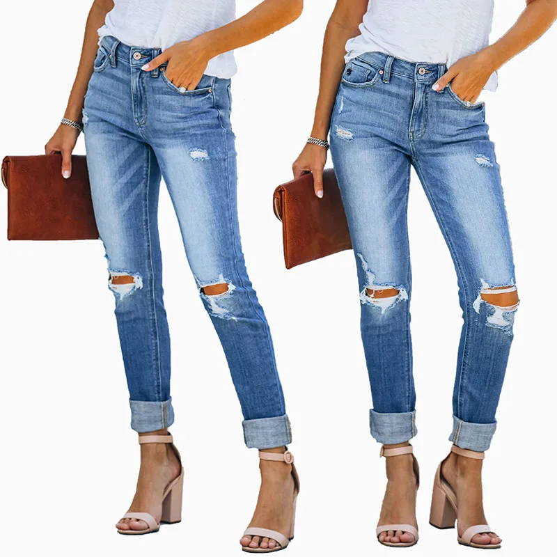 Женские рваные брюки до щиколотки повседневные в Корейском стиле Новинка лета