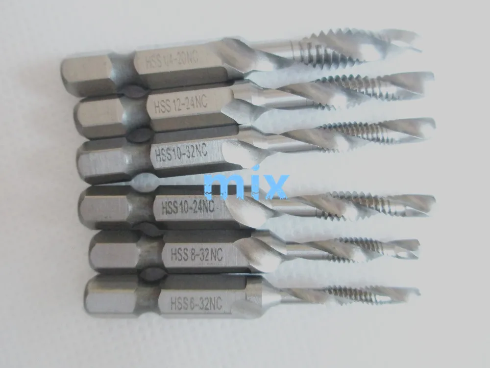 

6pc 6.35mm hex shank(1/4") HSS Screw Spiral Point Thread Hand Tap Drill Bits 8-32NC, 10-32NC, 10-24NC, 12-24NC, 1/4-20NC