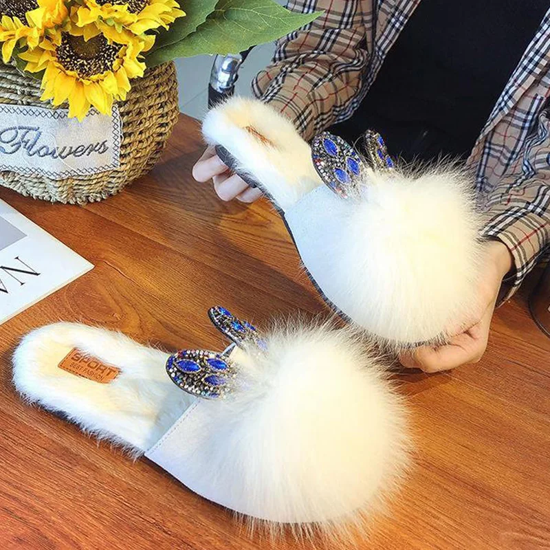 Новинка осени с заячьими ушками меховые тапочки Повседневное блестящие сандалии