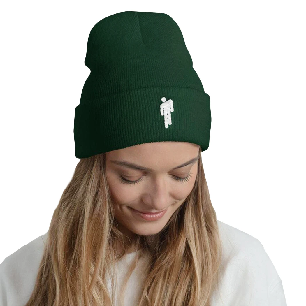 Dark Green Billie Eilish, шапка в стиле хип-хоп, женские неоновые зеленые кепки, Модная вязаная шапочка с вышивкой, шапки Skullies, уличная шапка, капот, 18 цветов - Цвет: Dark Green