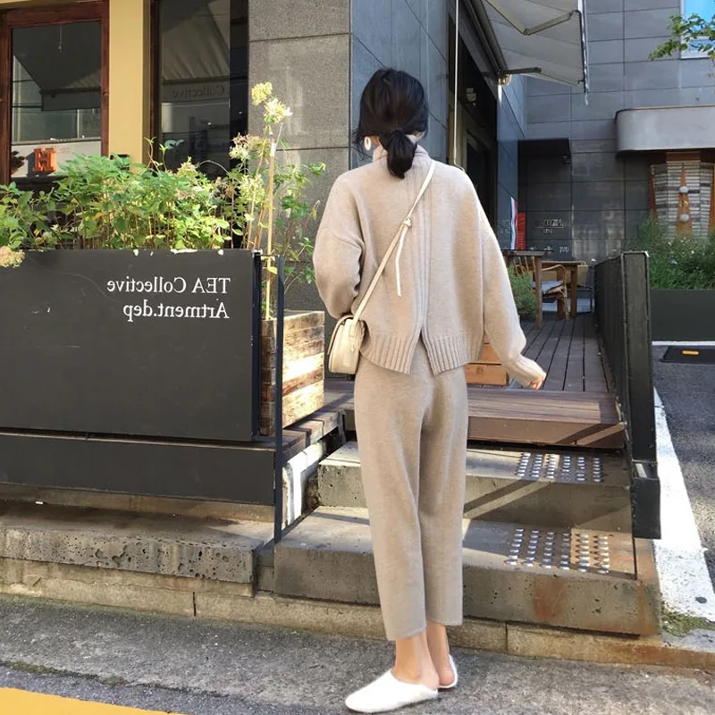 Women Loose Lazy Wind Knitting Suit Soild Color Woman Flavor Sleeve Head Sweater Match Leisure Pants Twinset | Женская одежда