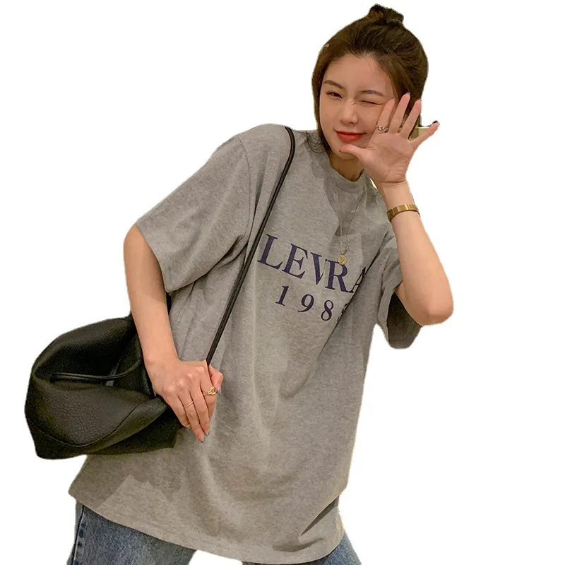 

2021 New Korean Simplified Letter Print CottonT-shirt Girl's Short Sleeve O-Neck Oversized T Shirt Women