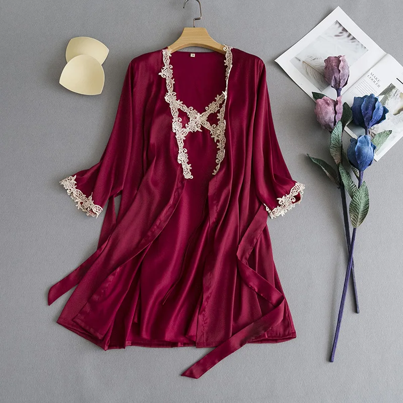 Женский пижамный комплект шелковый халат с v образным вырезом и