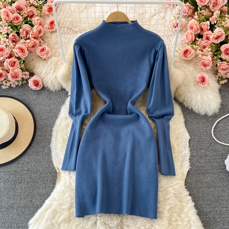 

Mock neck retro stretch tight-fitting pullover sweater dress autumn and winter slim base knitted bag hip dress elegant vestidos